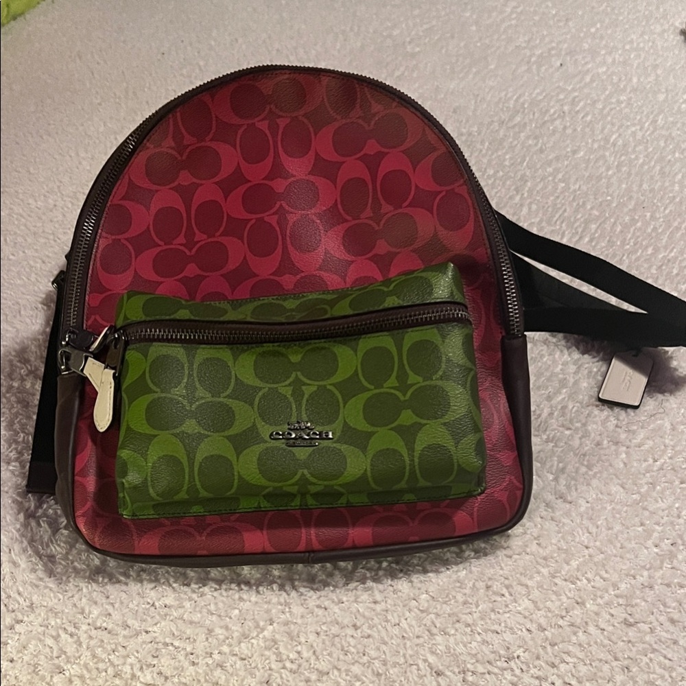 Coach Red and Green Signature Canvas Backpack